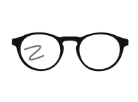 Silhouette of round eyeglasses with a "Z" on the left lens, in black on a transparent background.