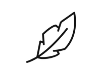 Black outline of a feather on a white background, symbolizing lightness and simplicity.