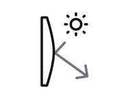Diagram of light reflecting from a concave lens with lines and a sun icon above, against a white background.