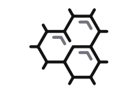 Three interconnected gray hexagons on a black background, resembling a honeycomb pattern.