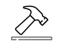 Icon of a hammer striking a surface, symbolizing construction or impact, in simple black line art on a transparent background.