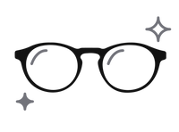 Black round eyeglasses with two sparkle icons, symbolizing clarity and style.