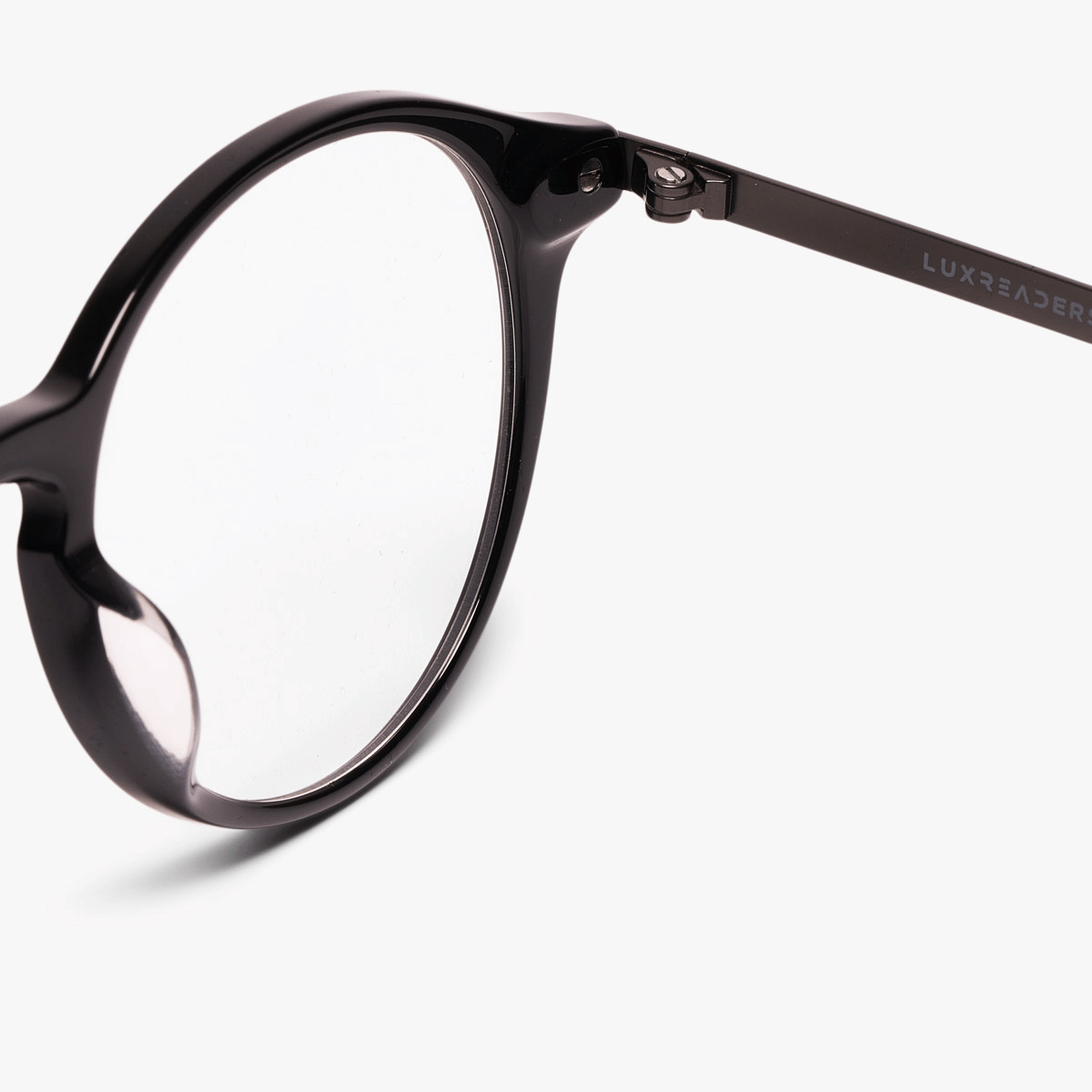 Ærø Black glasses with black rounded frames and 'Luxreaders' logo on the temple