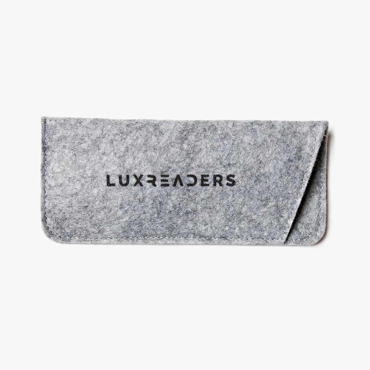 Gray felt glasses case with Luxreaders logo