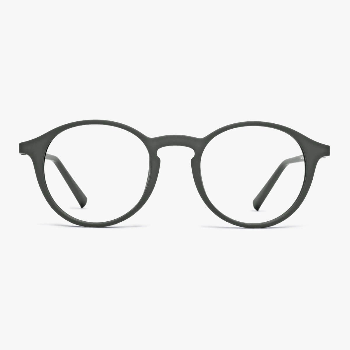 Round dark army reading glasses with sleek matte finish