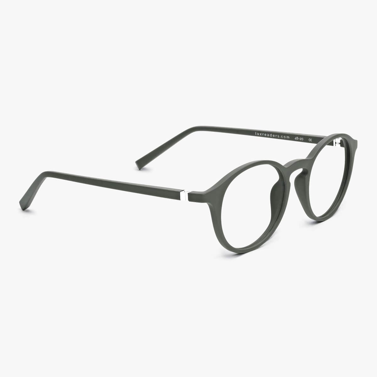 Læsø Dark Army round glasses with dark green frame and Luxreaders logo