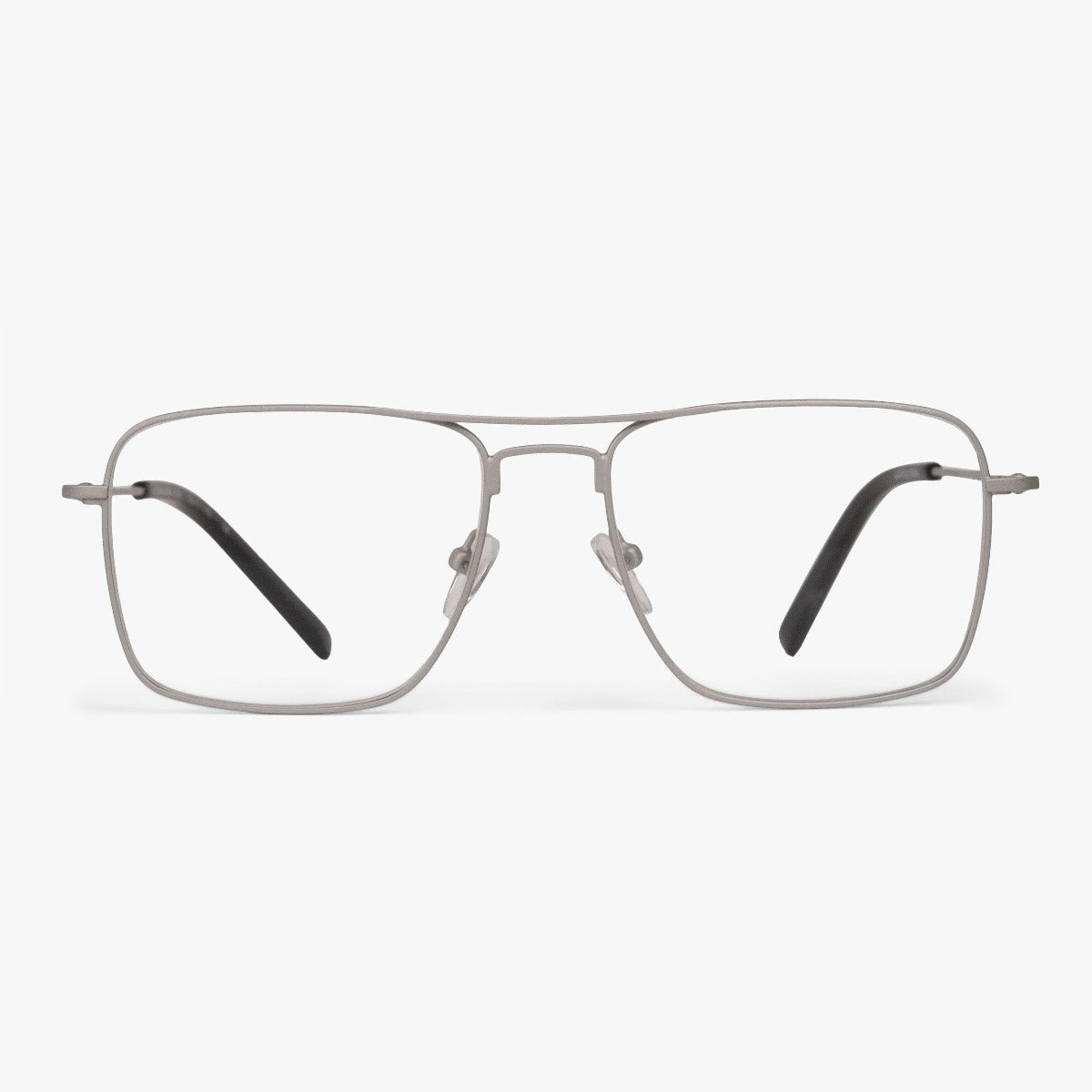 Rectangular steel glasses with thin frames and dark temple tips