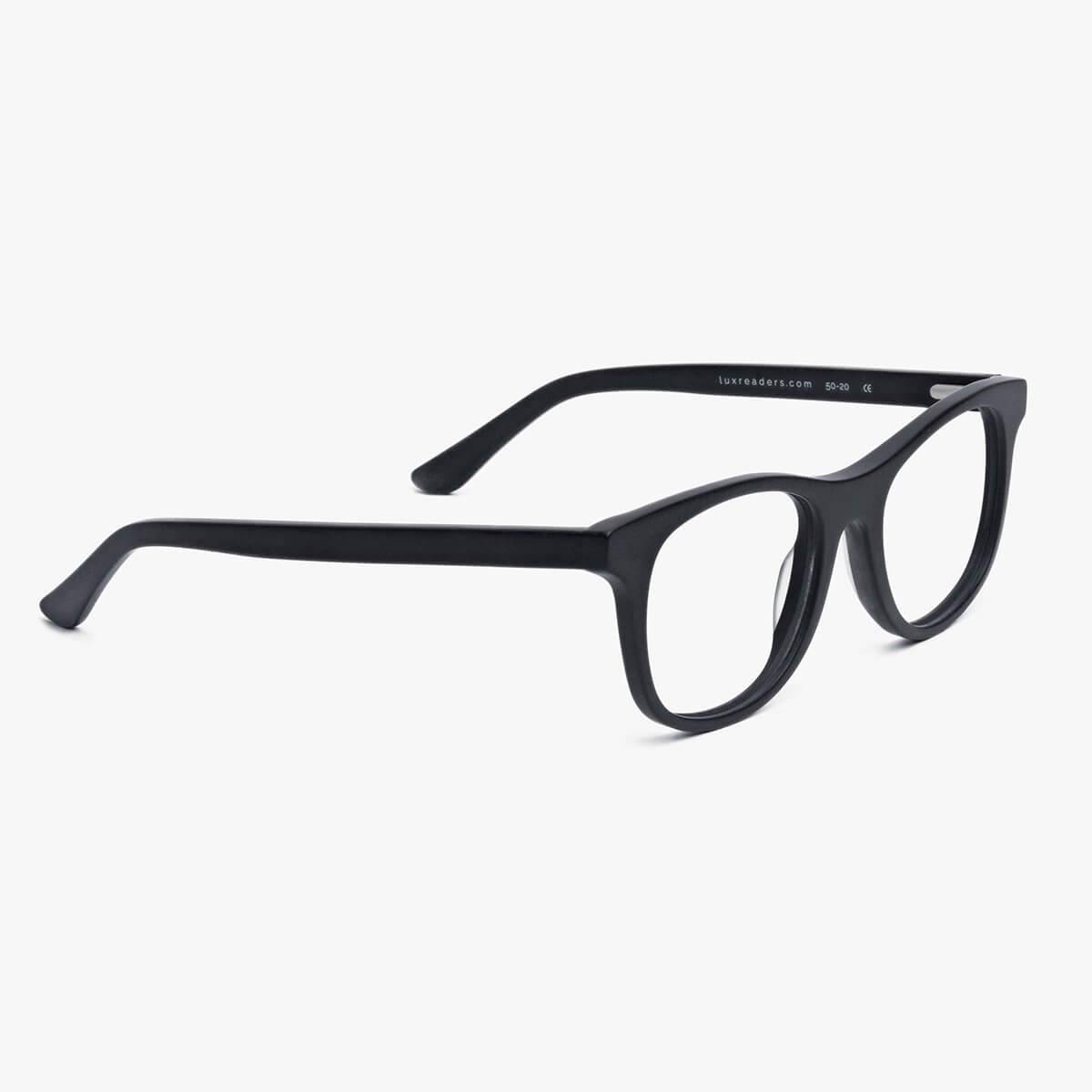 Malmö Black reading glasses with black frame and Luxreaders branding