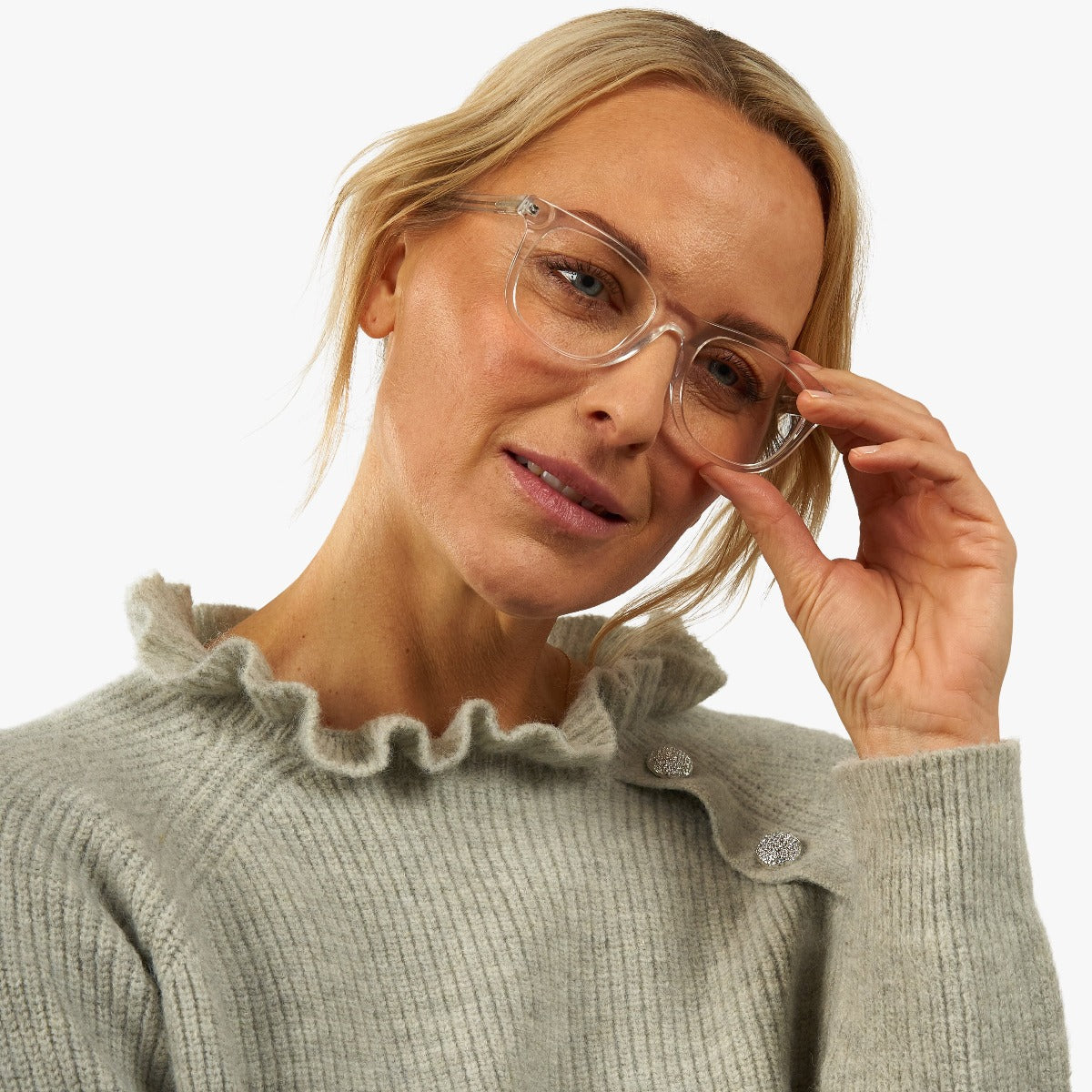 Person wearing Malmö Crystal White glasses