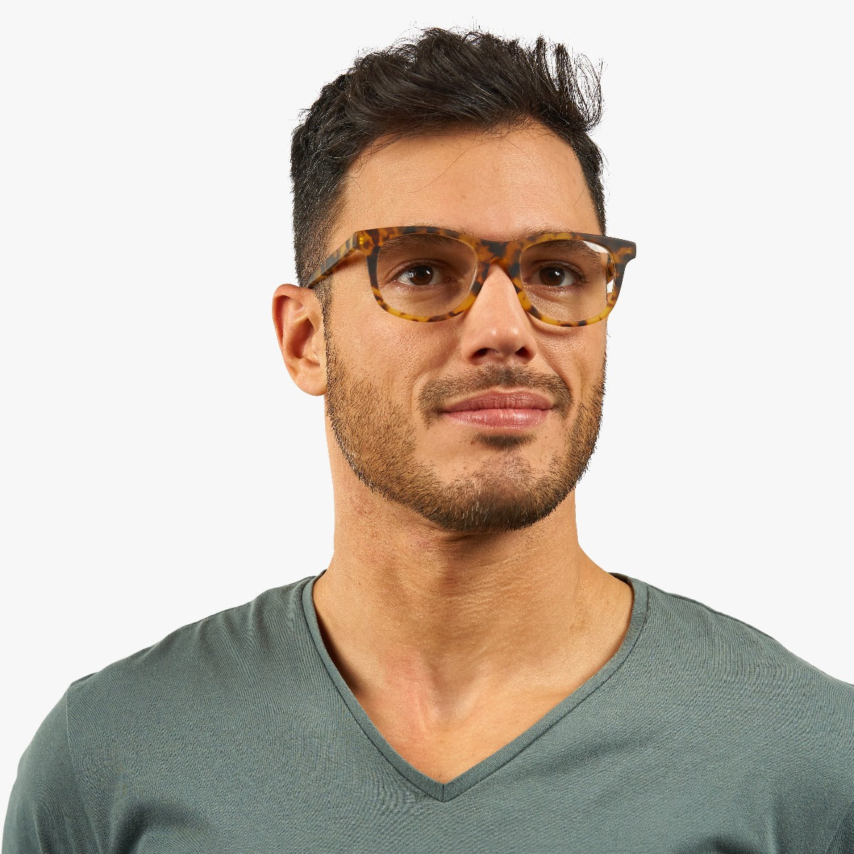 Person wearing Malmö Light Turtle glasses