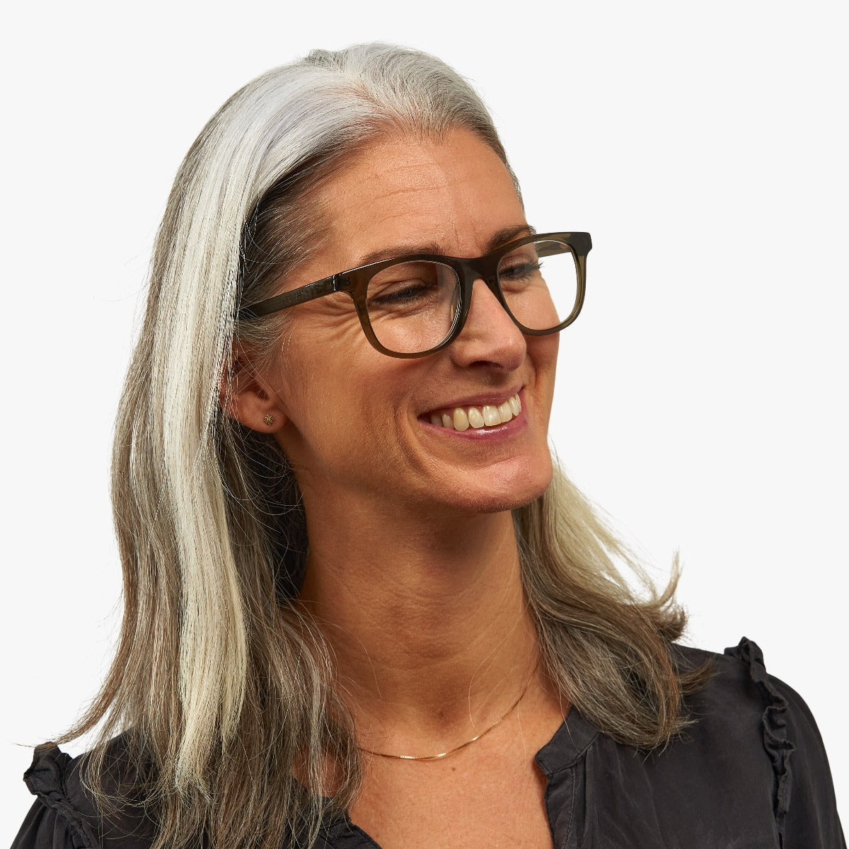 Person wearing Malmö Shiny Olive glasses