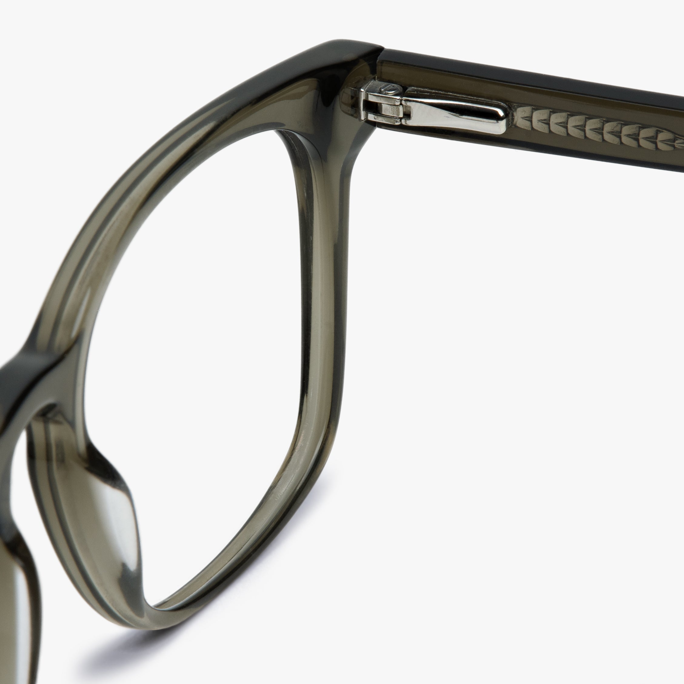 Men's shiny olive eyeglasses frame with detailed hinge