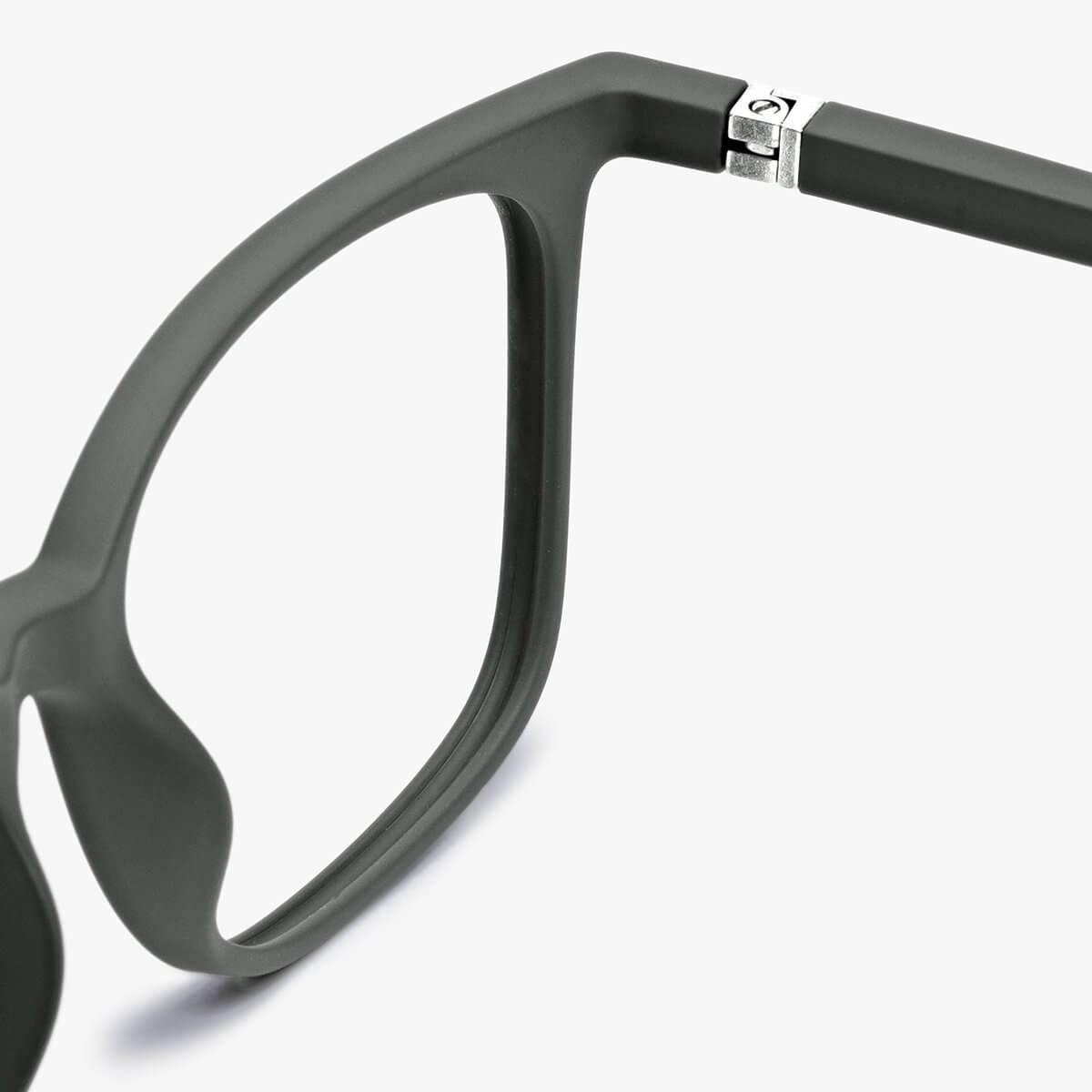 Close-up of Men's Fyn Dark Army acetate frame temple