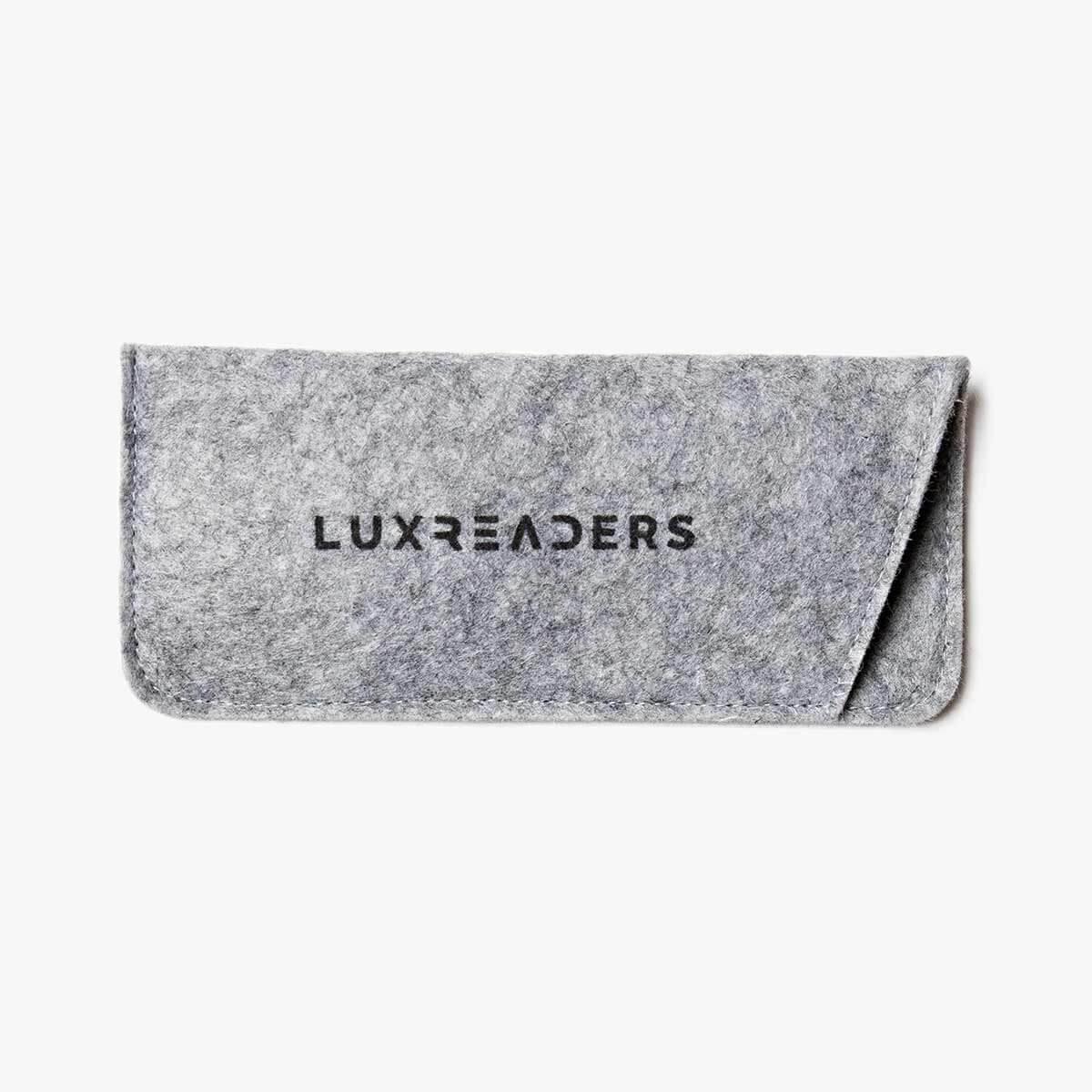 Grey felt case with Luxreaders logo