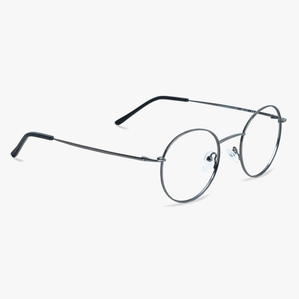 Round silver reading glasses with thin metal frame and black temple tips