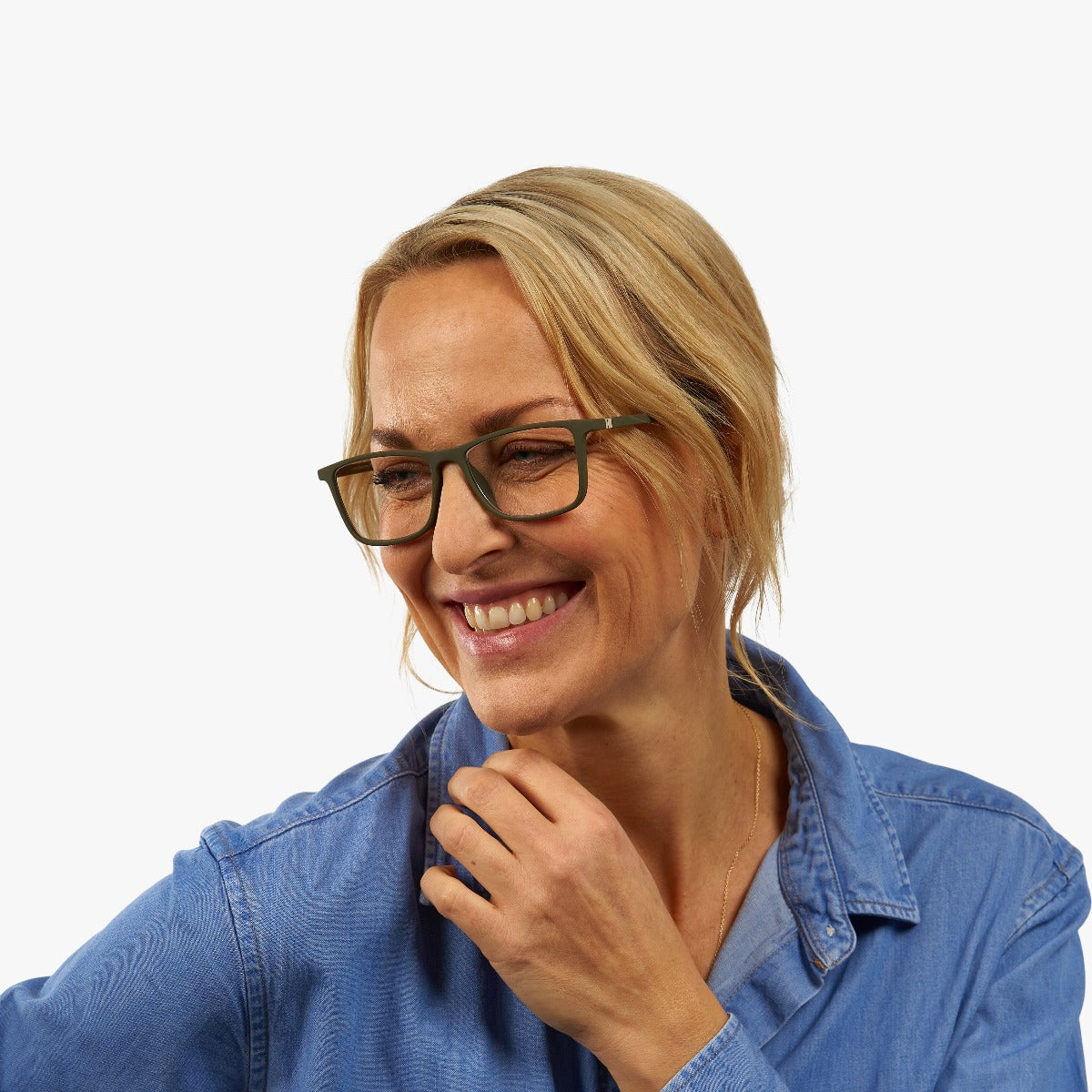 Person wearing Skagen Dark Army reading glasses