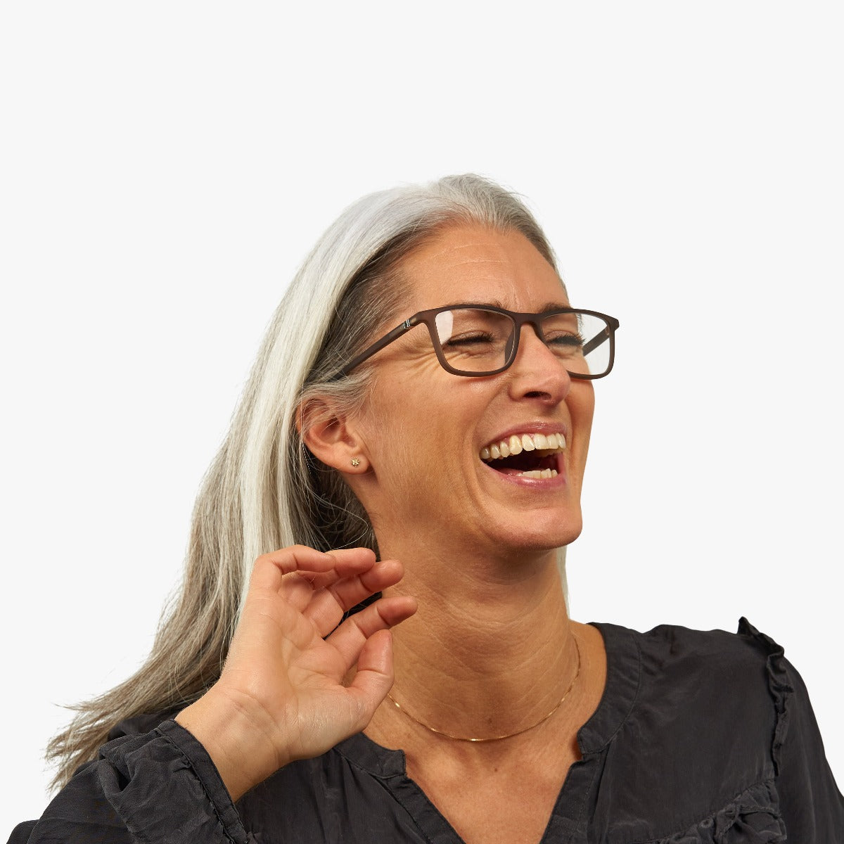 Person wearing Skagen Grey reading glasses