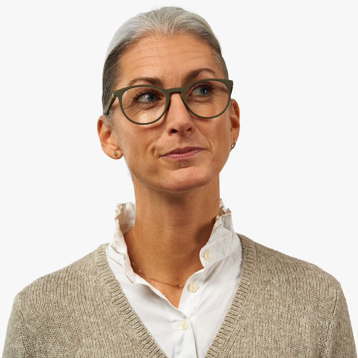 Person wearing Stockholm Dark Army glasses