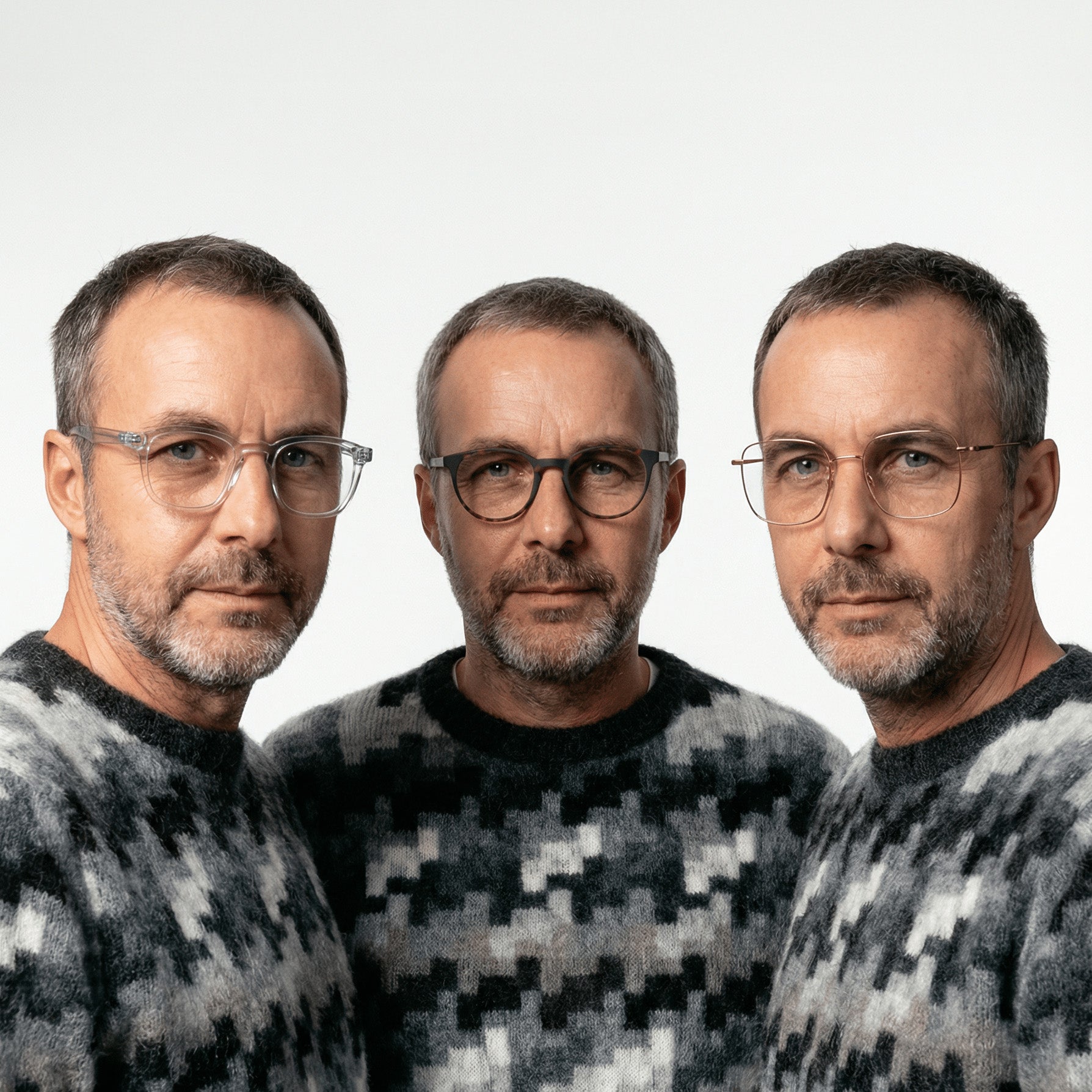 Three identical men in patterned sweaters and different glasses against a white background, showcasing eyewear styles.