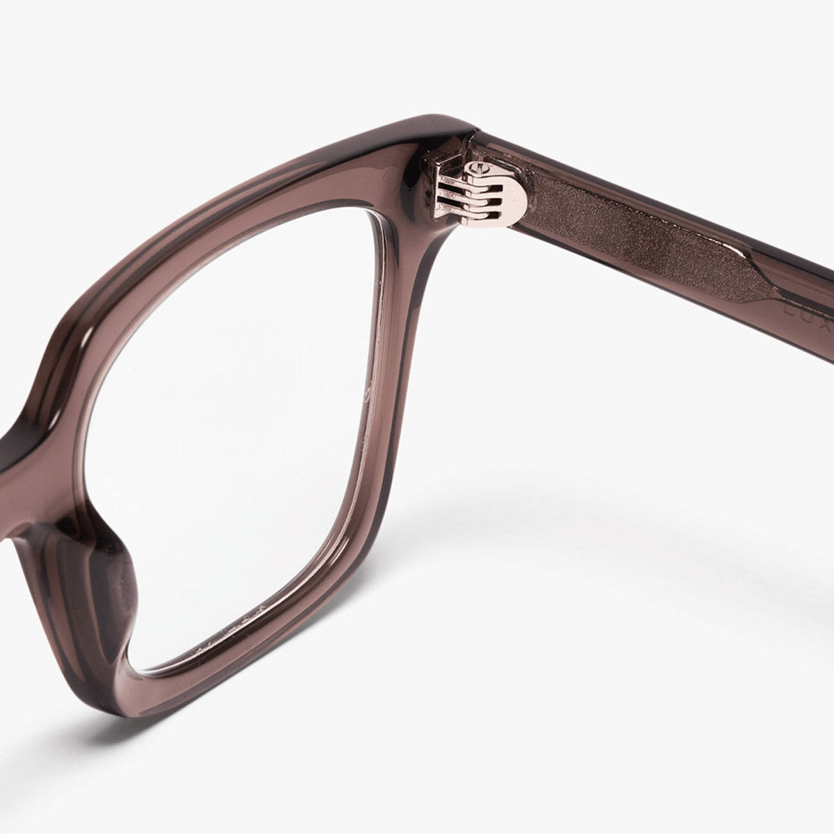 Close-up of Tisvilde Crystal Grey glasses frame with Luxreaders branding