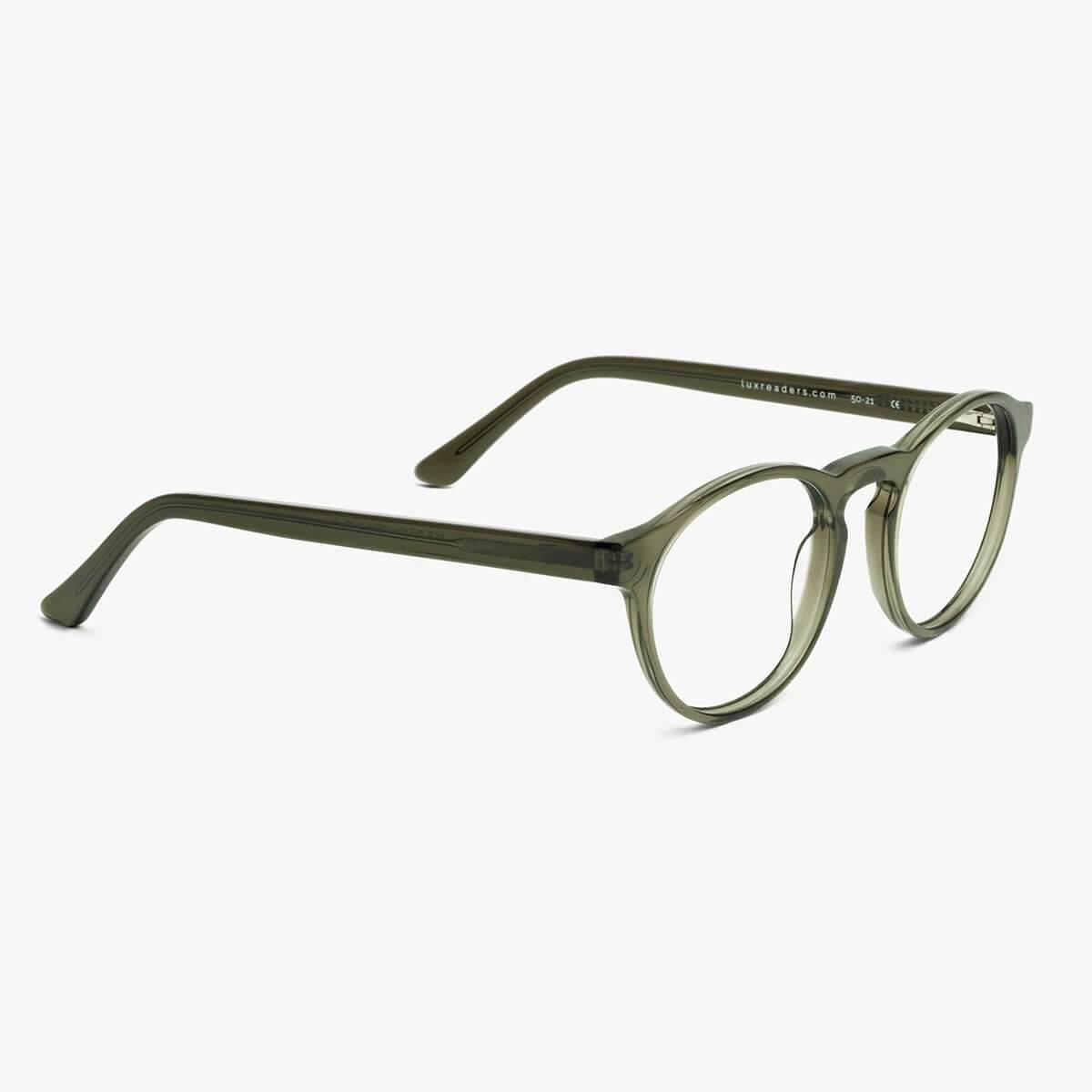 Trondheim Shiny Olive round glasses with Luxreaders branding