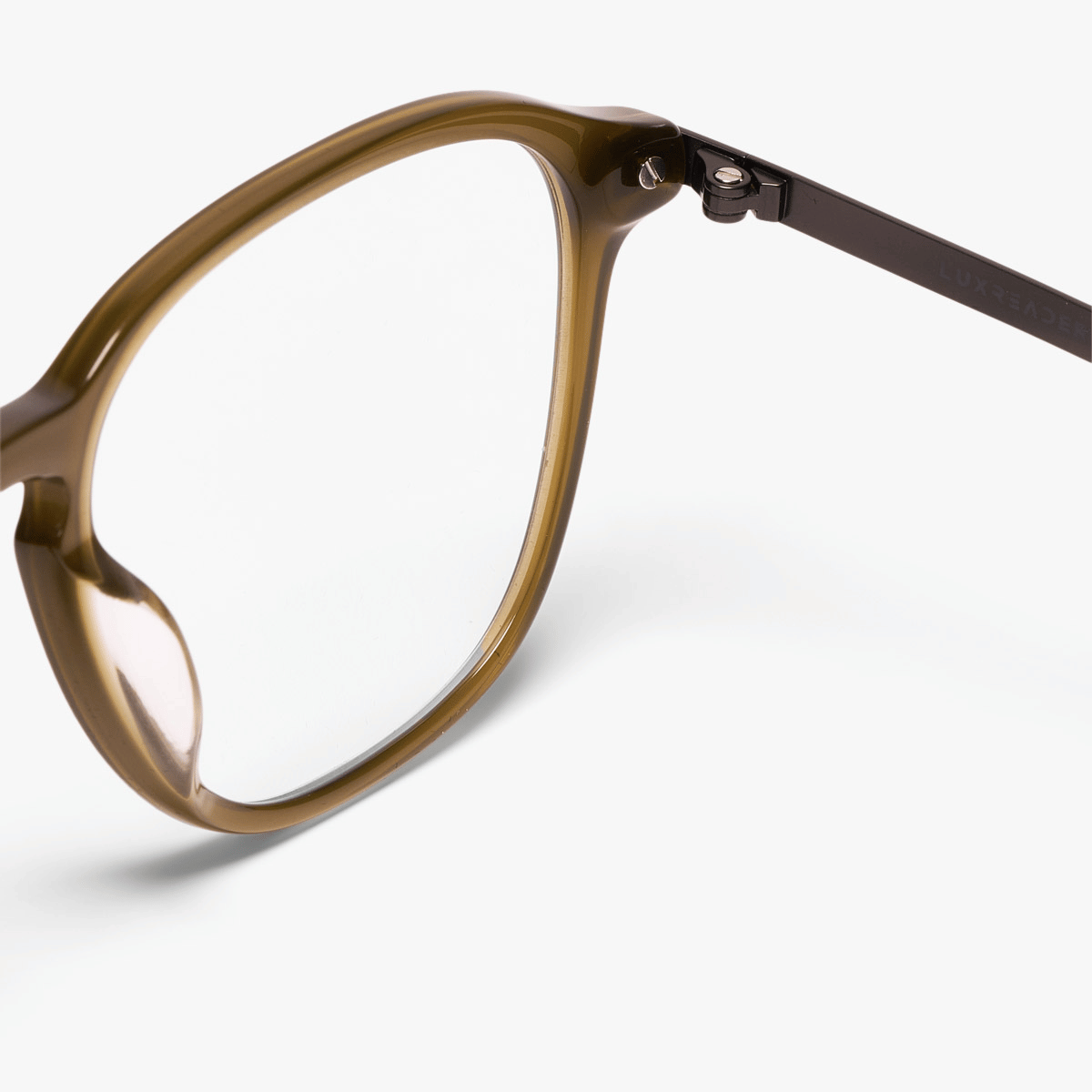 Rønne Shiny Olive glasses with Luxreaders branding on temple